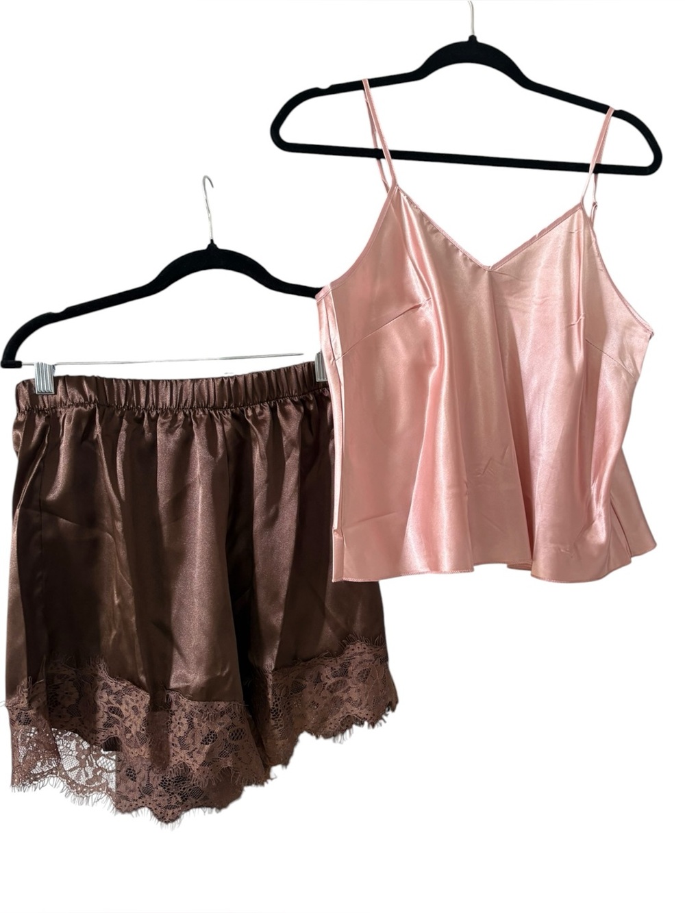 nwt Silk feel Satin Cami & Lace Shorts Set Pink Summer Brown Size M 6 8 NWT Luxe